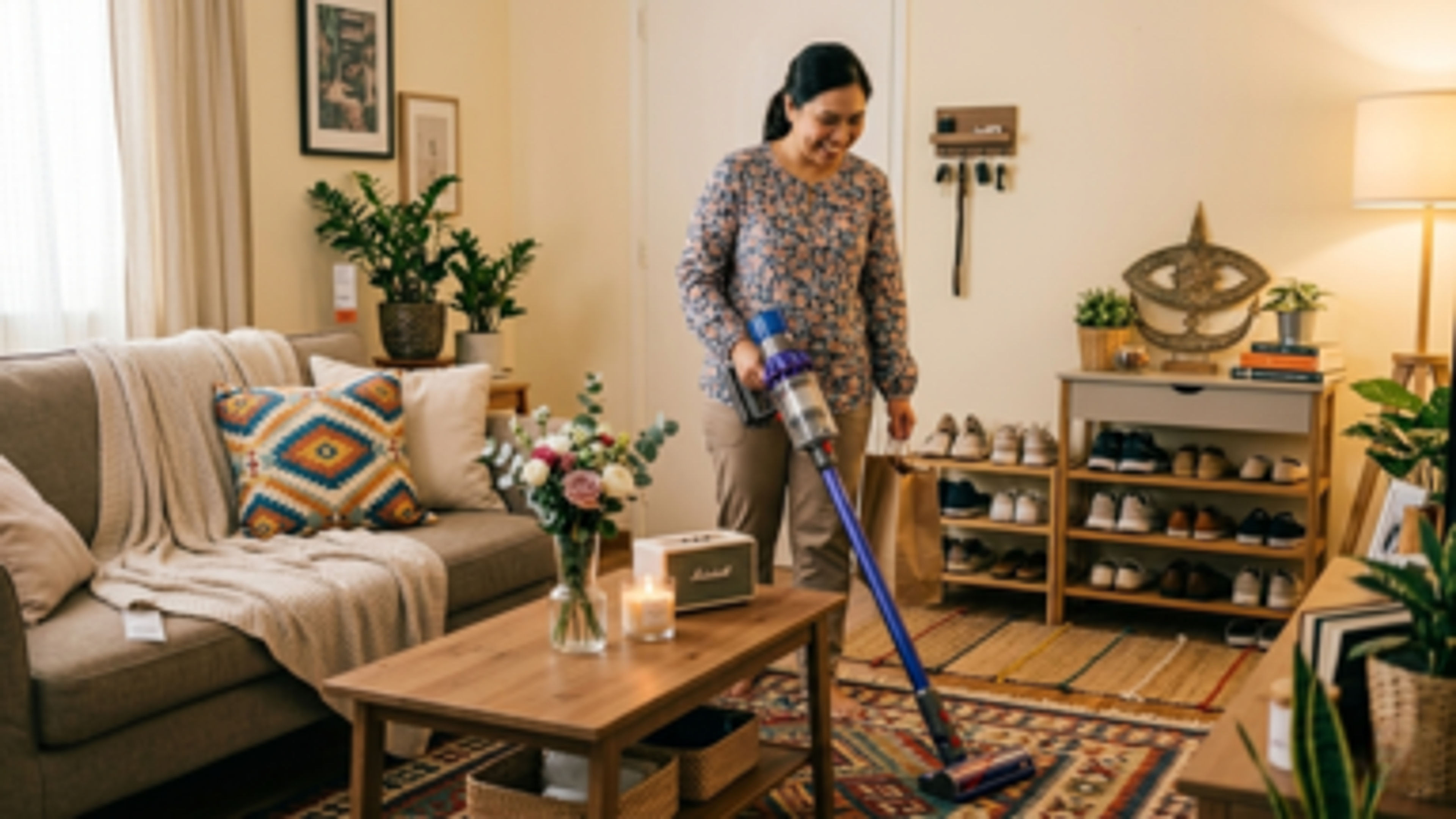 A woman cleaning room in the house.