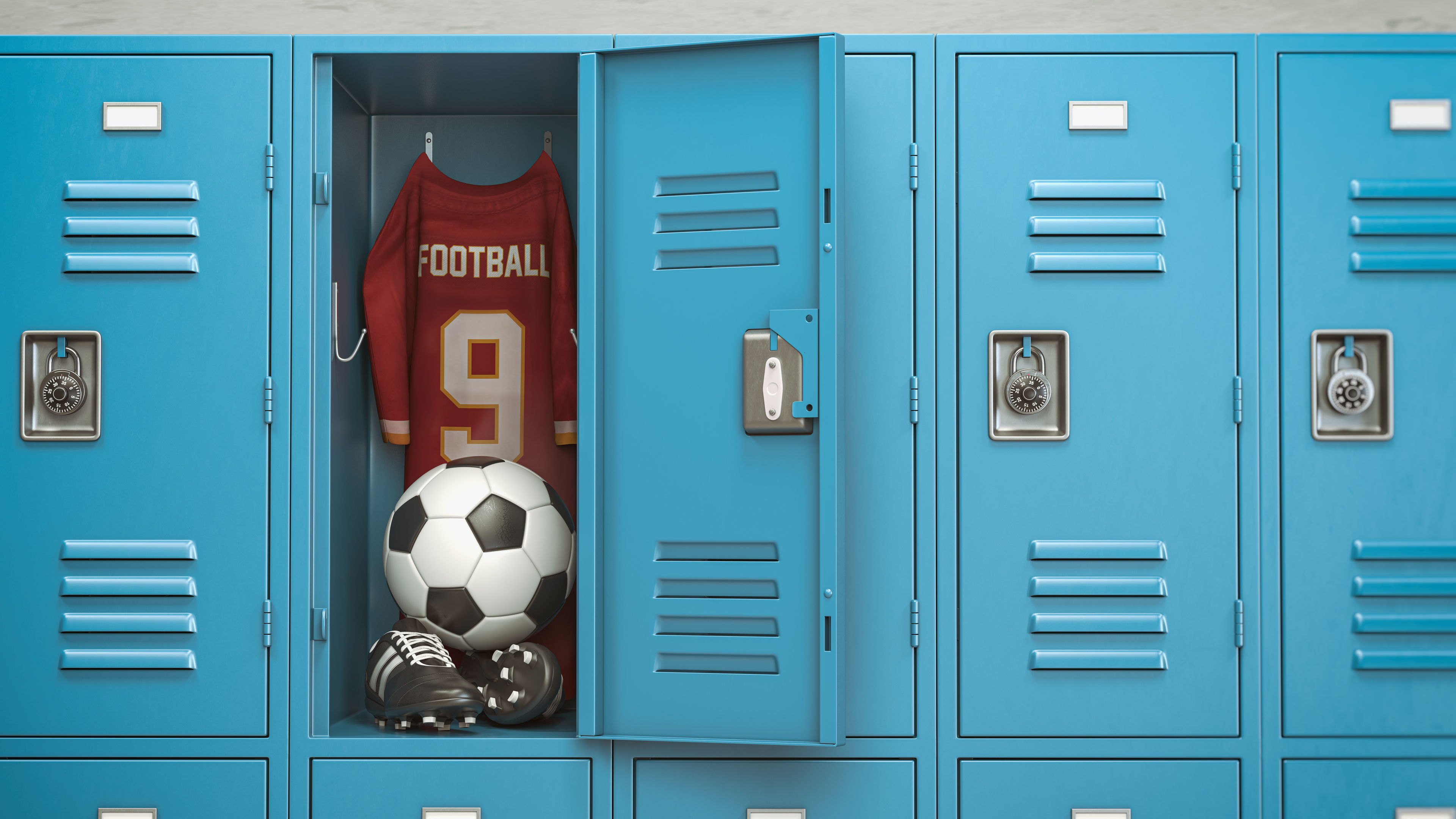A blue locker is open, revealing a red football jersey