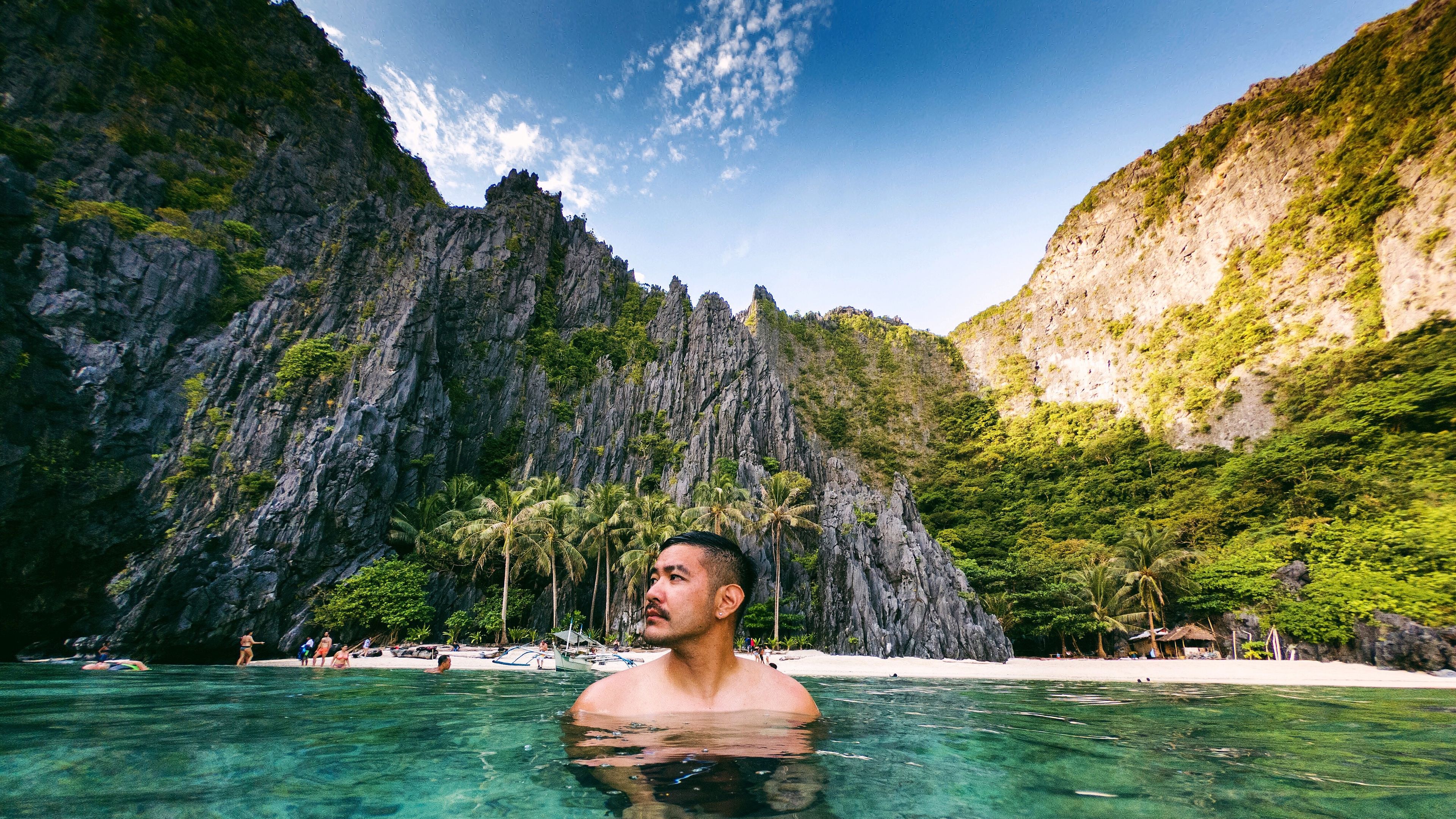 A man bathing in a river 