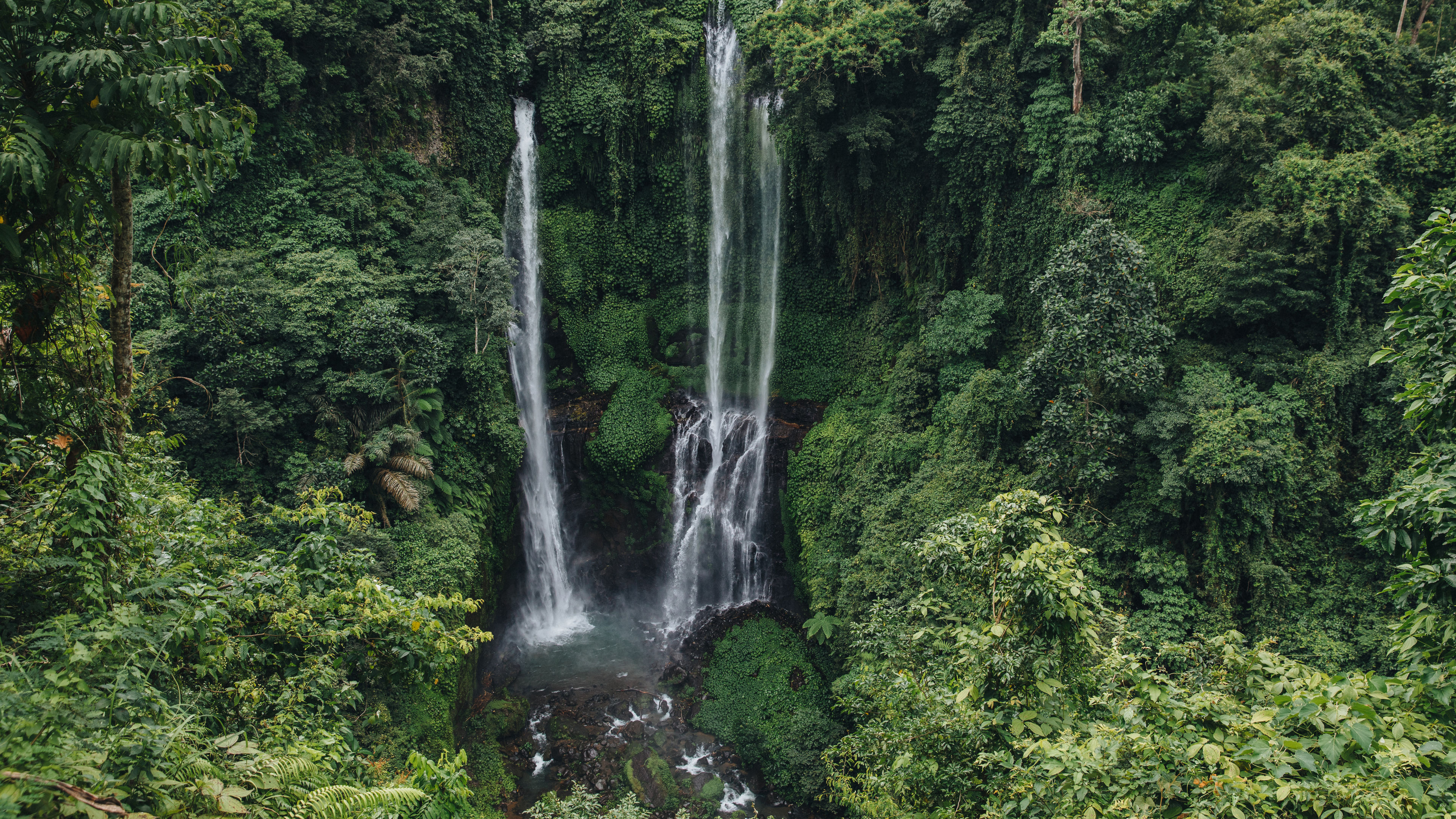 Scenic landscape with green trees and majestic waterfall